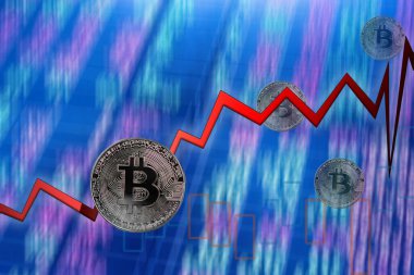 Bulanık veri analizi eğilimi olan Bitcoin kripto para birimi. Belirsiz veri analizi, eğilim çizgisi grafiği borsası. Bitcoin şifreleme dijital veri sembolleri. İş ya da finans. Yatırım geliri planı.