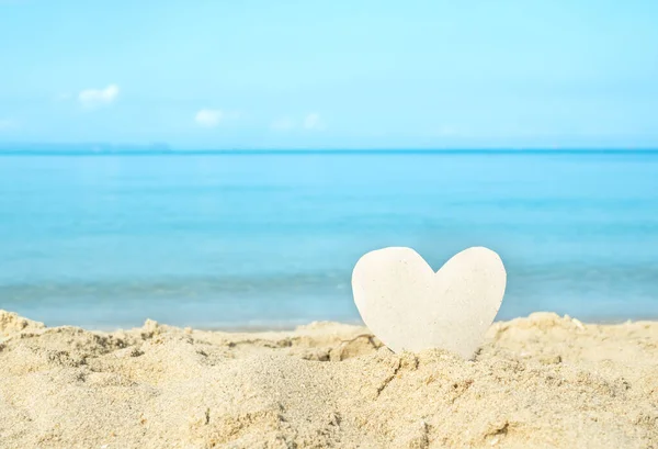Mockup Heart Shape Paper Sand Beach Coast Blur Blue Sea Stock Picture