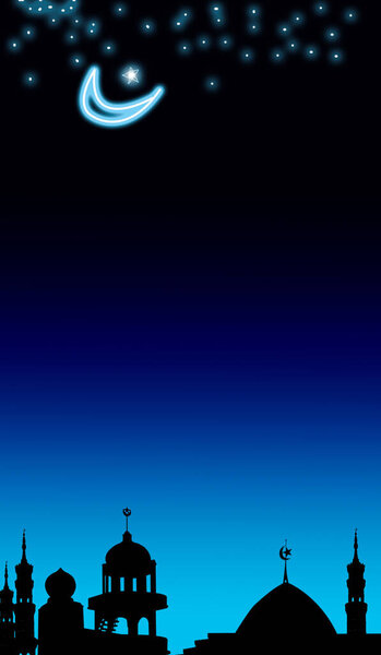 Crescent Moon and star with shadow Mosques Dome on twilight gradient background. for eid al-fitr, arabic, Eid al-adha, new year muharram. Ramadan kareem religion symbols. — Stock Image Crescent Moon Star Shadow Mosques Dome Twilight Gradient Background Eid Stock Picture