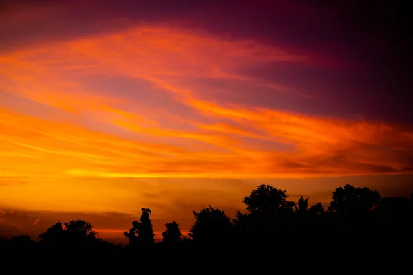 黄昏时分 黄昏时分 黄昏时分 黄昏时分 背景黑黑的轮廓映入夜空 色彩艳丽的云彩笼罩着明亮的黄色橙色背景 自然景观美丽 — 图库照片