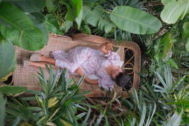 Yalnız kadın selfie 'si. Cep telefonuyla bitki yetiştirme ağacının doğasında. Turist seyahati tropikal yaz. Teknoloji iletişimi internet yaşam tarzı konsepti için çok hızlı. otantik siyah saç ve ten teni.