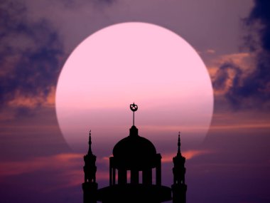 Ramazan, Kurban Bayramı, Yeni Yıl Muharram İslami Sembolleri Camiler Kubbesi, Bulanık kırmızı ve turuncu alacakaranlık gökyüzü. Arapça, Kurban Bayramı, Mübarek Müslüman kavramı.