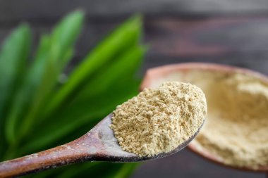 Tahta kaşıkta bulanık yeşil yapraklarla Tanaka 'yı pudrala. Bitkisel bitki ve organik bitki. Orijinal Kozmetik Myanmar. Güzellik konsepti için doğa.