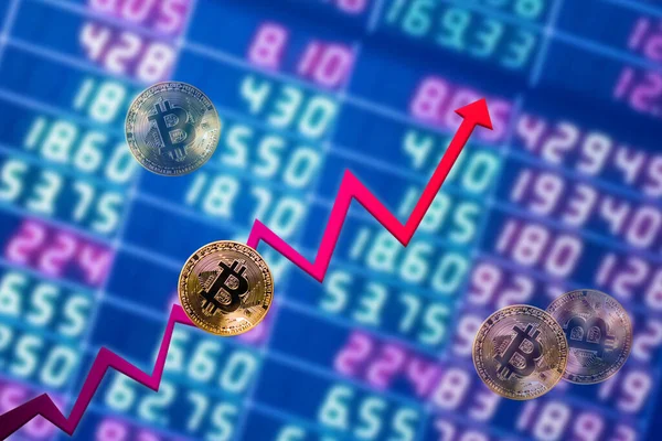 Bitcoin Crypto Currency Bar Chart Growth Arrows Stock Market Trend — Stock Fotó