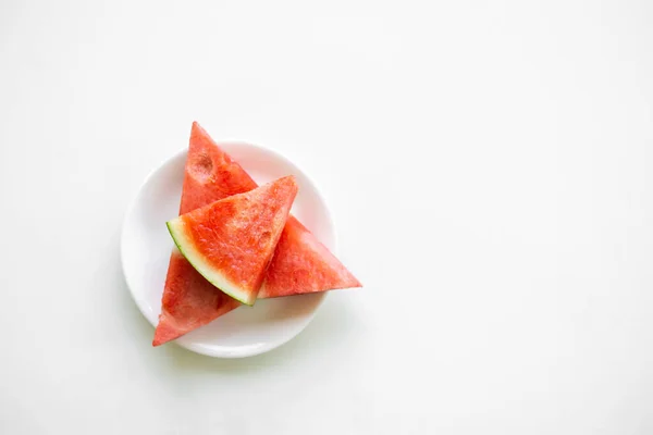 Watermelon White Plate White Background Flat Lay Free Space Tropical — Stock Photo, Image