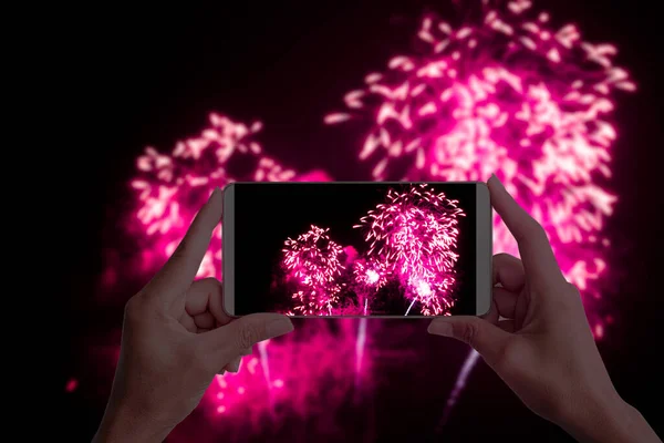 Hand Taking Photo Fireworks Mobile Smartphone Photography Celebration Festival Merry — Stockfoto