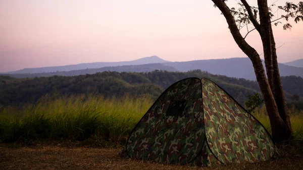 Zeltlager Mit Blick Auf Die Natur Mit Berg Und Waldhintergrund — Stockfoto