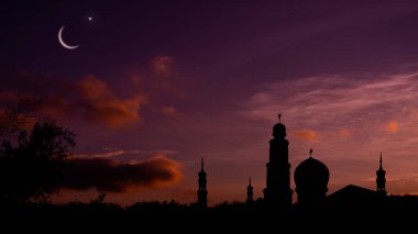 Karanlık bir gecede cami kubbesi ve siyah arka planda Hilal Ay. Yeni yıl Muharram, Kurban Bayramı, Kurban Bayramı, Kurban Bayramı. Din sembolü İslami Ramazan.
