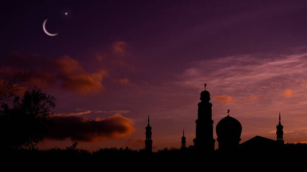 Mosques Dome on dark night with Crescent Moon on black background. New year Muharram, Eid al-fitr, Eid al-adha. Religion symbol islamic Ramadan.