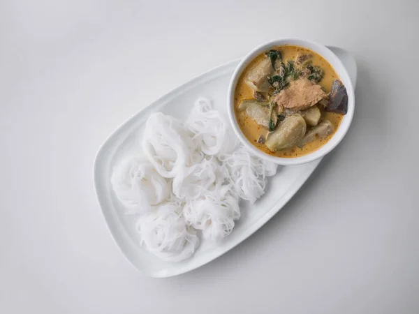Curry Vert Avec Poulet Dans Une Tasse Blanche Nouilles Riz — Photo