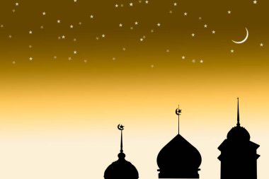 Ramazan, Kurban Bayramı, Yeni Yıl Muharram İslam dini sembolleri siluet cami kubbesi ve sarı gradyan üzerinde hilal ay. Arapça, Kurban Bayramı, Mübarek Müslüman kavramı.