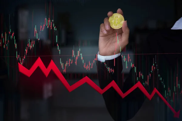 Hand Woman Bitcoin Crypto Valuta Növekedés Stock Market Trend Vonal — Stock Fotó
