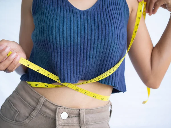 Waist Woman Tape Measure Body Shape Slim Fit Young Girl — Stock Photo, Image