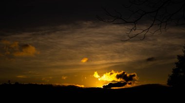 Pembe arkaplanlı orman ve dağda gün batımı. Güzel bir akşam doğası ve tatlı bulut arkaplanı. Baharda manzara gündoğumu. çevre ya da kırık kalp, yalnız konsept.