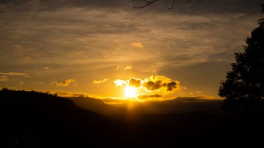 Pembe arkaplanlı orman ve dağda gün batımı. Güzel bir akşam doğası ve tatlı bulut arkaplanı. Baharda manzara gündoğumu. çevre ya da kırık kalp, yalnız konsept.