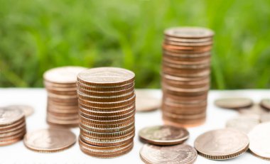 Tahtaya para istiflemek, yeşil doğa geçmişi bulanık Tayland parası. Büyüyen para. 2023 yılına yatırım yapılmayacak. iş veya finans kavramı.