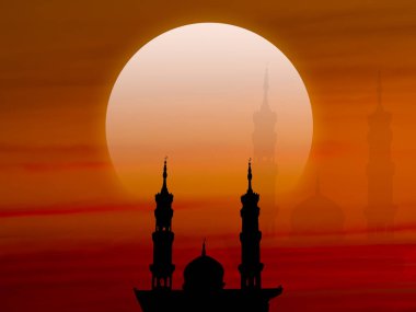 Ramazan, Kurban Bayramı, Yeni Yıl Muharram İslami Dini Sembolleri. Gece gün batımında koyu kırmızı ve alacakaranlık gökyüzünde Camiler Kubbesi silueti. Arapça, Kurban Bayramı, Mübarek Müslüman kavramı.