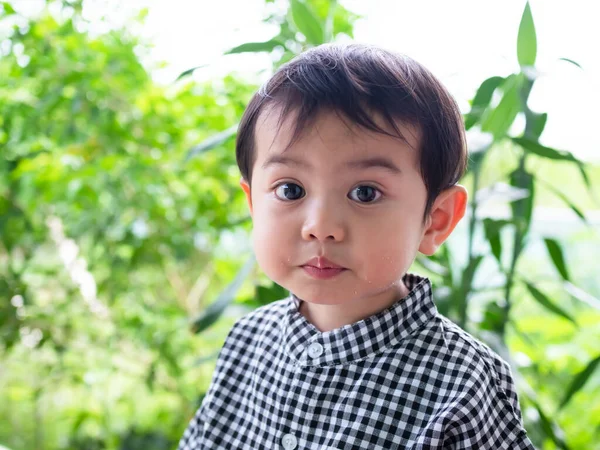 Portrait Young Boy Year Old Child Snack Cheek Green Blur — Fotografia de Stock