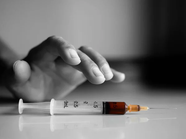 Speed Drug Heroin Syringe Finger Woman Dark Black Background Black - Stock-foto