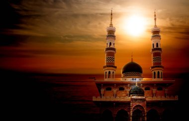 Mosques Dome and Moon on night twilight Sky dark red Background.Silhouette Architecture Minaret Islam Muslim Muharram Mubarak Religion Symbols.Ramadan,Eid Al-Adha,Eid Al-fitr,New Year Muharram concept