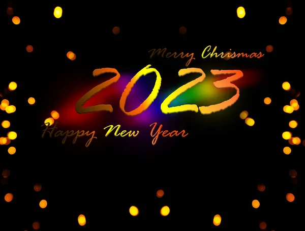 2023  Happy New Year Background concept.text Merry Christmas and Happy New Year 2023 on blur bokeh with black dark backdrop.card or poster for eve celebration holiday party.free space for add company.