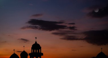 Silhouette Mosques Dome Crescent Moon and Star on Dark Black Twillight Evening Background,Symbols New Year Muharram Religious Muslim ,Ramadan, Eid ai-fitr,New year Muharram Muharam Islamic Arabic.