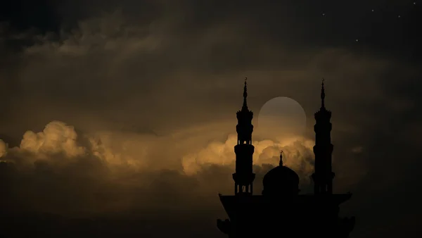 Silhouette Mosques Dome Crescent Moon Dark Black Twillight Evening Background — Stock Photo, Image