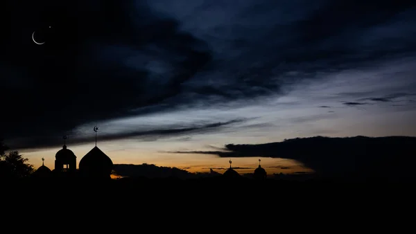 Silhouette Mosques Dome Crescent Moon Star Dark Black Twillight Evening — Foto de Stock