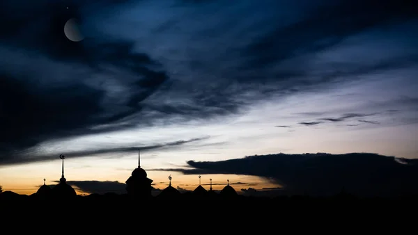 Silhouette Mosques Dome Crescent Moon Star Dark Black Twillight Evening — Zdjęcie stockowe
