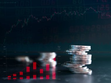 Kara Arkaplanda Şamdanlı Yığın Parası, Grafik Veri Borsası Borsası Forex Bitcoin Kripto Para Planlama Yatırım Nakiti, İş veya Finans Teknolojisi Konsepti.