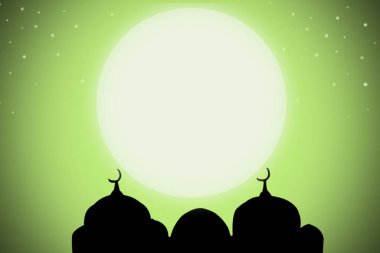 Cami Kubbesi, Yeşil Arka plan Ay, İslami Yeni Yıl Muharramı, İslami Din Sembolleri Ramazan ve Arapça, Kurban Bayramı, Mübarek, Kareem Kutsal Müslüman kavramı. Sunum için Boş Alan.