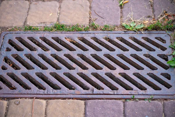 Решітка для осушення дощової води на тротуарних плитах — стокове фото