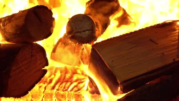 V kamnech hoří dřevo, pec je plná hořícího dřeva, večer je u krbu — Stock video