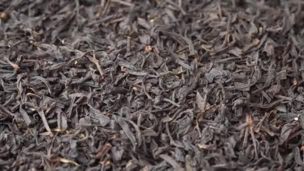 Fondo para un café o restaurante, publicidad de té, té negro de hojas sueltas espolvoreado en un plato y girando de cerca — Vídeos de Stock