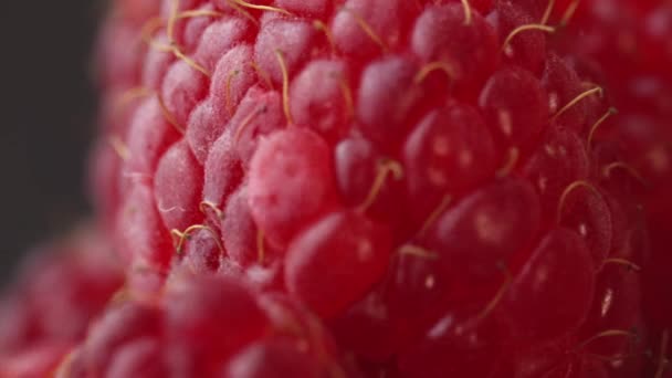 Frambozen spinnen op een bord op zwarte achtergrond voor een restaurant, sappige frambozen voor reclame, verse frambozen close-up — Stockvideo