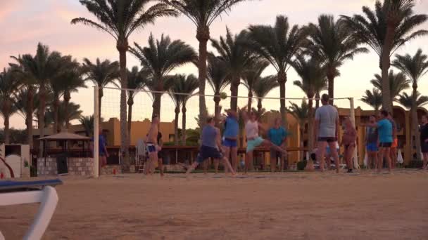 Män spelar beachvolleyboll vid solnedgången på stranden av den egyptiska semesterorten mot bakgrund av palmer: Egypten, Hurgada - 2 december, 2021 — Stockvideo