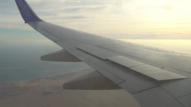 Flugzeug landet in der Wüste und landet auf einem Flugzeugflügel, der Blick aus dem Fenster auf den Flugzeugflügel und die Klappen — Stockvideo