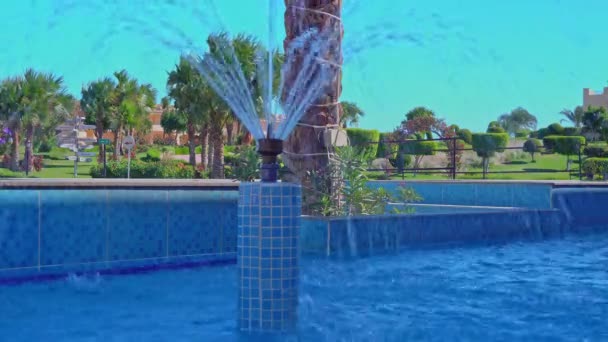 Una fuente adorna la piscina en un complejo tropical. Gotas de la fuente caen en la piscina. — Vídeos de Stock