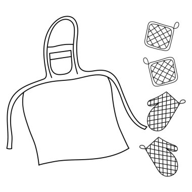 İki çift tutacağı ve fırın eldivenli mutfak aletleri apronu beyaz arkaplanda izole edilmiş basit minimalist düz tasarım vektör simgeleri çizer