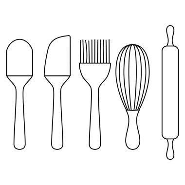 Pişirme, silikon spatula ve fırça, çırpma ve rulo pin anahatları için mutfak gereç seti beyaz arkaplanda izole edilmiş basit minimalist düz tasarım vektör resimleme