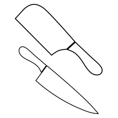 Beyaz arkaplanda izole edilmiş iki bıçak, oyma bıçağı ve satır ana hatları basit minimalist düz tasarım vektör ikonlarından oluşan mutfak araçları