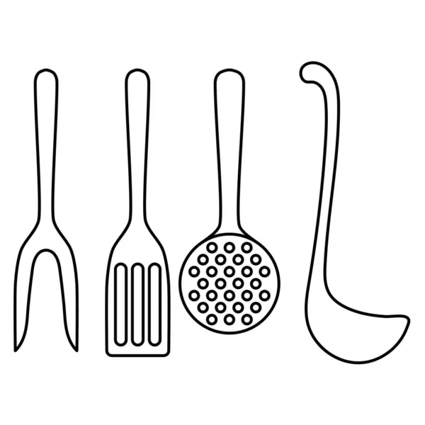 Outillage Cuisine Couverts Ensemble Fourchette Spatule Écumoire Louche Soupe Contour — Image vectorielle