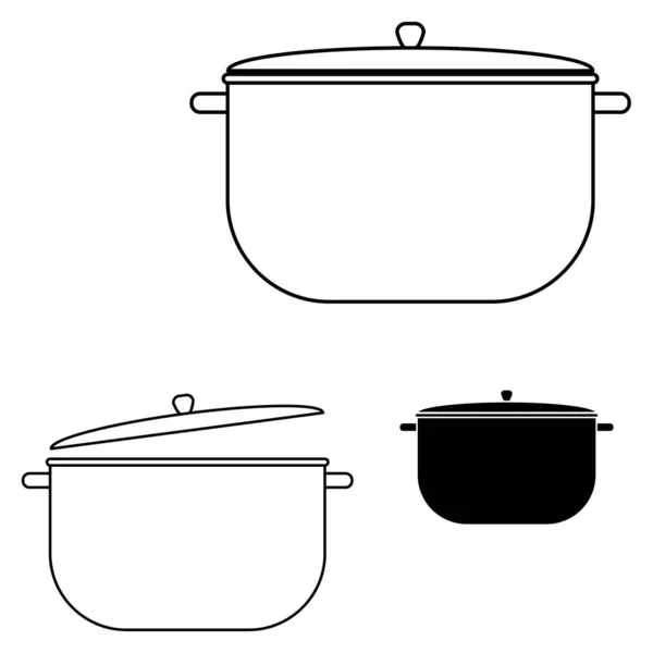 Conjunto Herramientas Cocina Tres Macetas Esbozan Iconos Vectores Diseño Plano — Archivo Imágenes Vectoriales