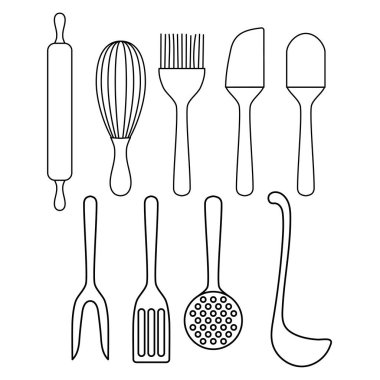 Mutfak aletleri pimi, çırpı, silikon spatüller ve fırça, çatal, skimmer ve çorba kepçesinden oluşan sofra takımı beyaz arkaplanda izole edilmiş basit minimalist düz tasarım vektör simgeleri çizimi