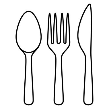 Mutfak araç gereçleri kaşık, çatal ve bıçak anahatları beyaz arkaplanda izole edilmiş minimalist düz tasarım vektör simgeleri