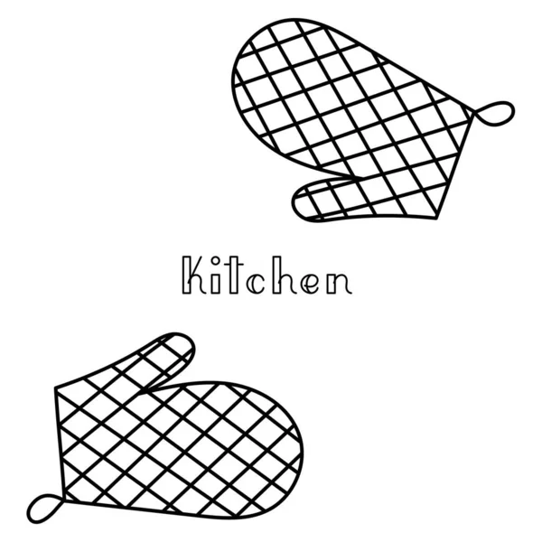 Sada Kuchyňských Nástrojů Dvěma Rukavicemi Ručně Kreslenými Nápisy Kuchyňské Slovo — Stockový vektor
