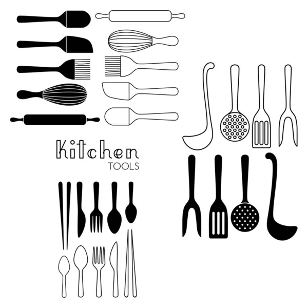 キッチンツールスプーン フォーク ナイフと箸 ベーキングと調理器具のペアのセット概要シンプルなミニマリズムフラットデザインベクトルアイコン白い背景に隔離されたイラスト — ストックベクタ