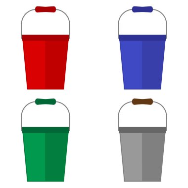 Farklı renklerde dört kovadan oluşan bahçe araçları beyaz arkaplanda izole edilmiş basit minimalist düz tasarım vektör çizimi