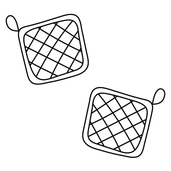 Ensemble Outils Cuisine Deux Paires Poignées Protection Thermique Contour Simple — Image vectorielle