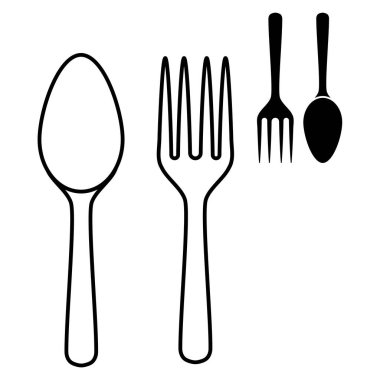 Çatal, kaşık, çizgi ve negatif ana hatlardan oluşan mutfak aletleri beyaz arkaplanda izole edilmiş minimalist düz tasarım vektör simgeleri